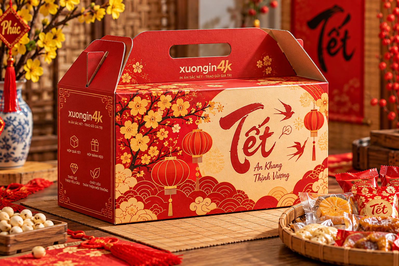 Mẫu hộp carton quà Tết in logo: chọn và sản xuất hiệu quả - Thông số cần chốt và quy trình đặt sản xuất
